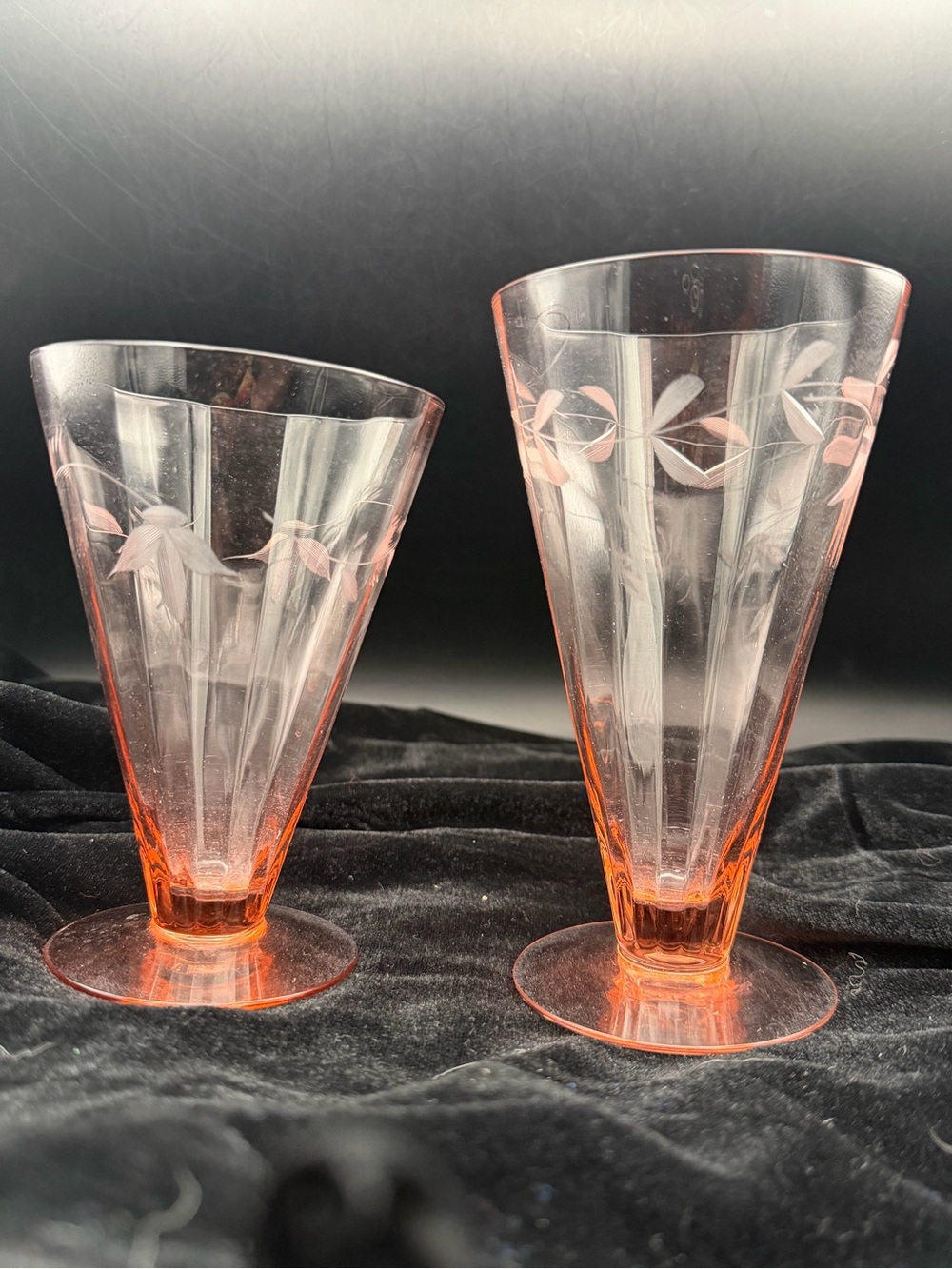 Pink Etched Depression Glass Footed Tumblers - Set of 2